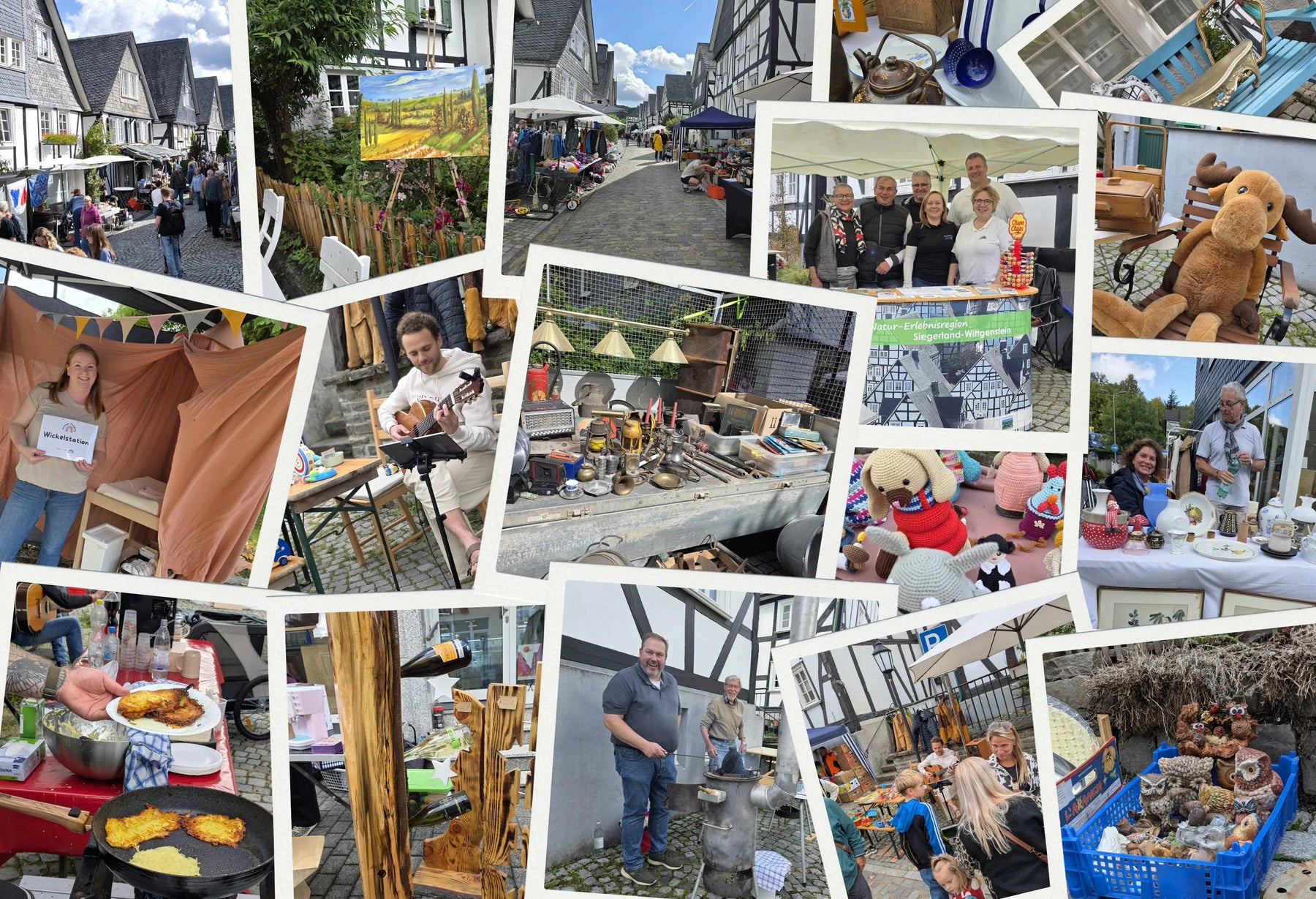Collage vom Vintage-Flohmarkt in malerischer Altstadt mit Marktständen, Deko, Kunst und Handwerk.