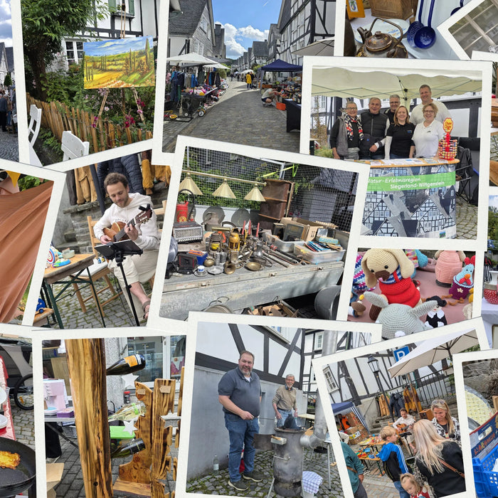 Collage vom Vintage-Flohmarkt in malerischer Altstadt mit Marktständen, Deko, Kunst und Handwerk.