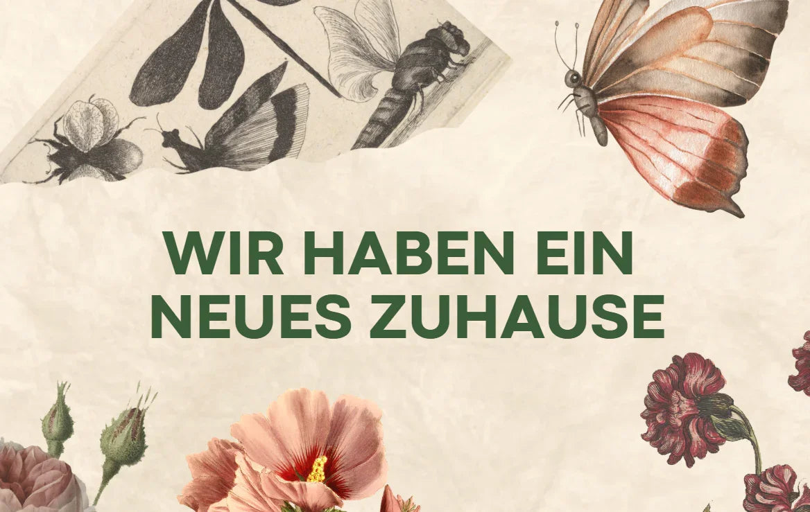 Vintage Kontor neues Zuhause, Text mit Retro-Insekten und Blumen Illustrationen, nachhaltiger Stil