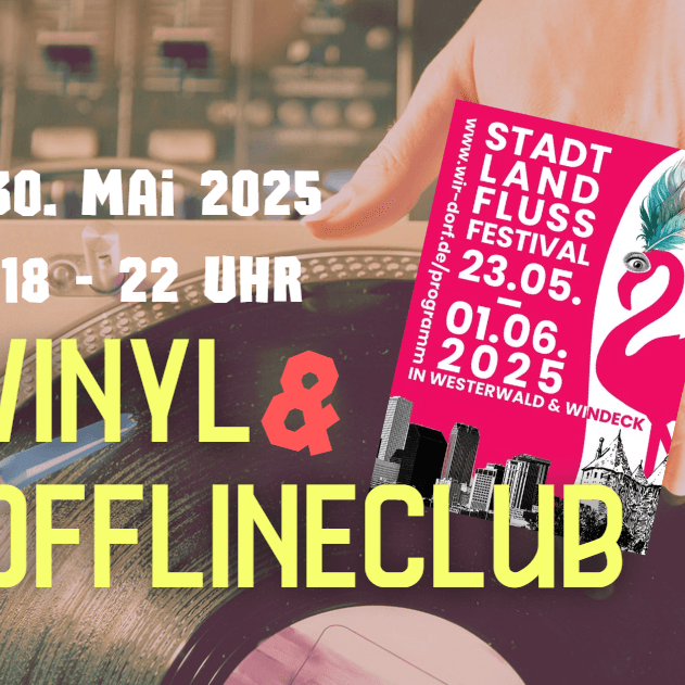 Hand legt Schallplatte auf Plattenspieler, Vinylabend-Event bei Stadt Land Fluss Festival, Vintage Kontor