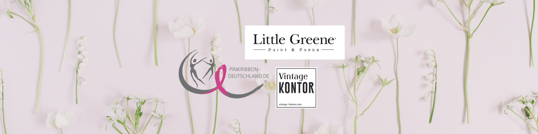 Vintage Kontor, Little Greene und Pink Ribbon Deutschland Logos auf rosa Hintergrund mit Blumen
