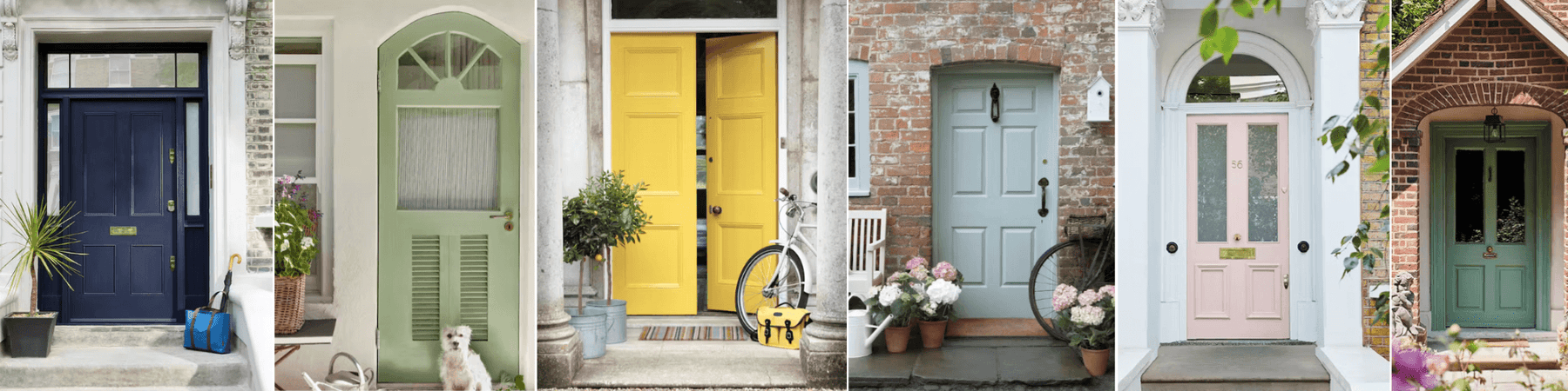 Bunte, vintage Haustüren in verschiedenen Farben, passend zum nachhaltigen Vintage Kontor Stil.