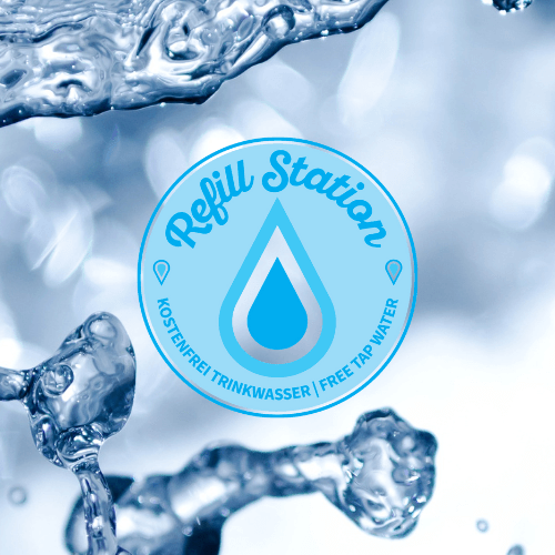 Wasser Splash mit Refill Station Logo, nachhaltiger Lifestyle bei Vintage Kontor