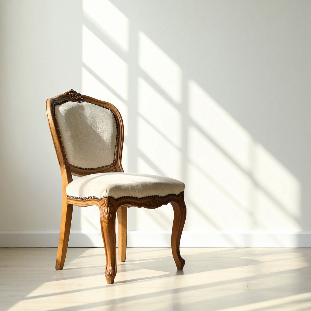 Vintage Sideboard vor grüner Wand mit Retro-Dekoration, Bildern und Tischlampe im Vintage Kontor