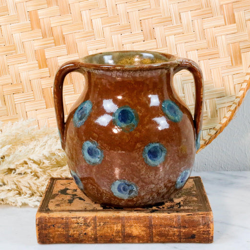 Hübscher Keramiktopf mit blauen Punkten-Glas, Keramik, Porzellan-Vintage Kontor-Vintage Kontor