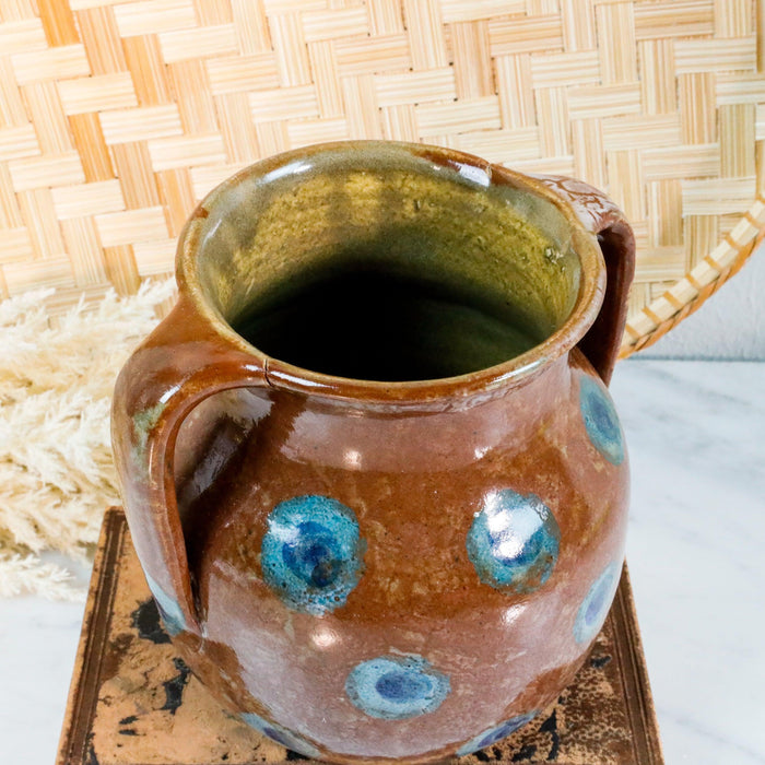 Hübscher Keramiktopf mit blauen Punkten-Glas, Keramik, Porzellan-Vintage Kontor-Vintage Kontor