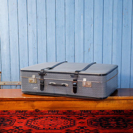Schwarz/Weißer Koffer im Hahnentrittmuster und Lederriemen-Koffer-Vintage Kontor-Vintage Kontor