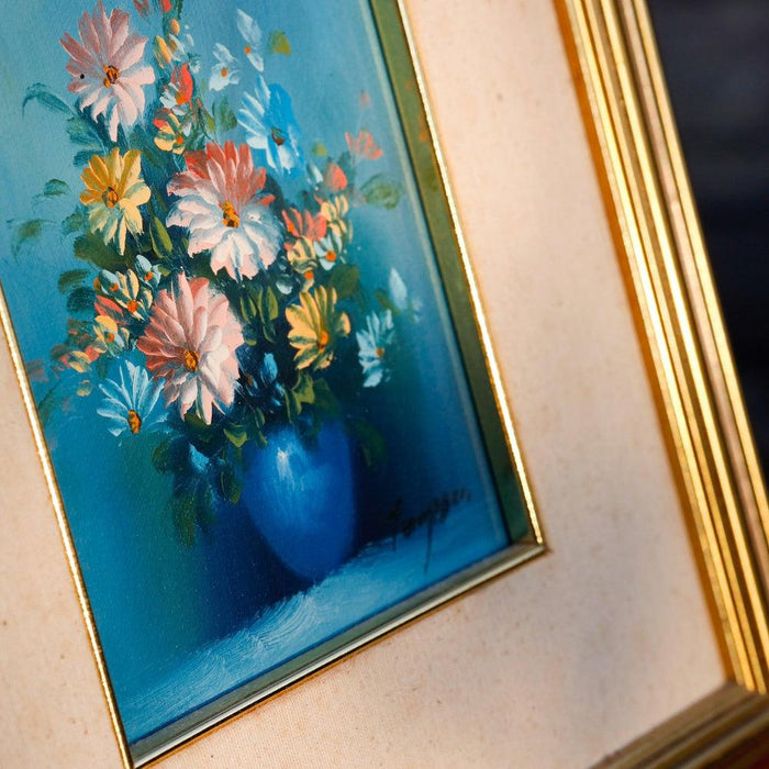 Ölgemälde, mit Holzrahmen, Blumen in blauer Vase-Vintage Kontor-Vintage Kontor